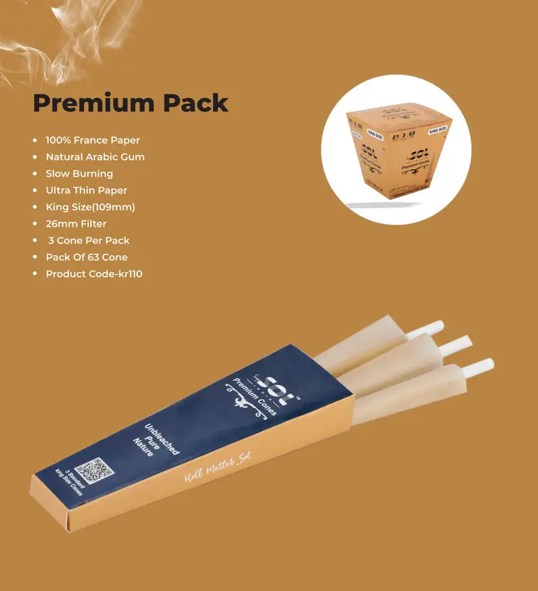 Packaging of premium paper cones with specifications on a brown background