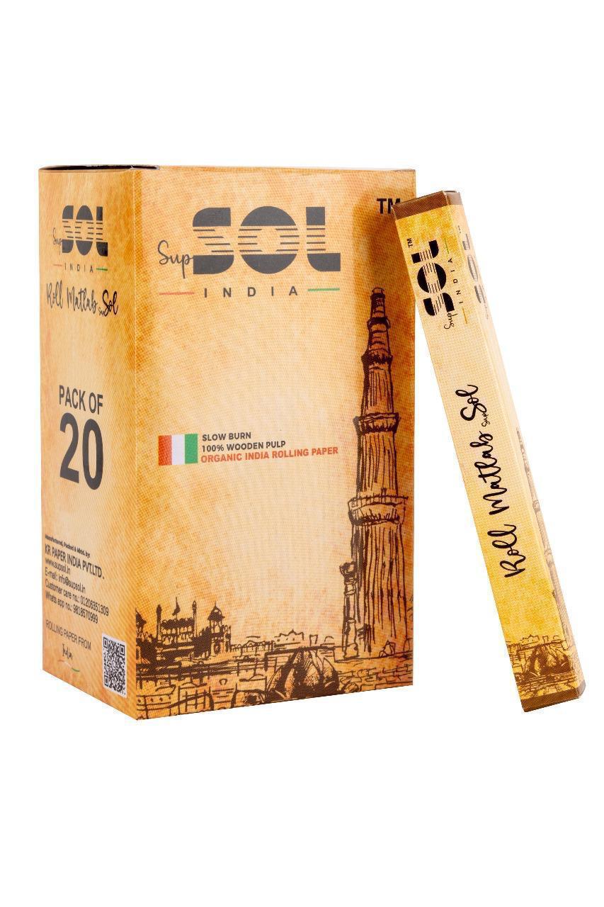 Box of Sup Sol India rolling papers with a single stick on a white background