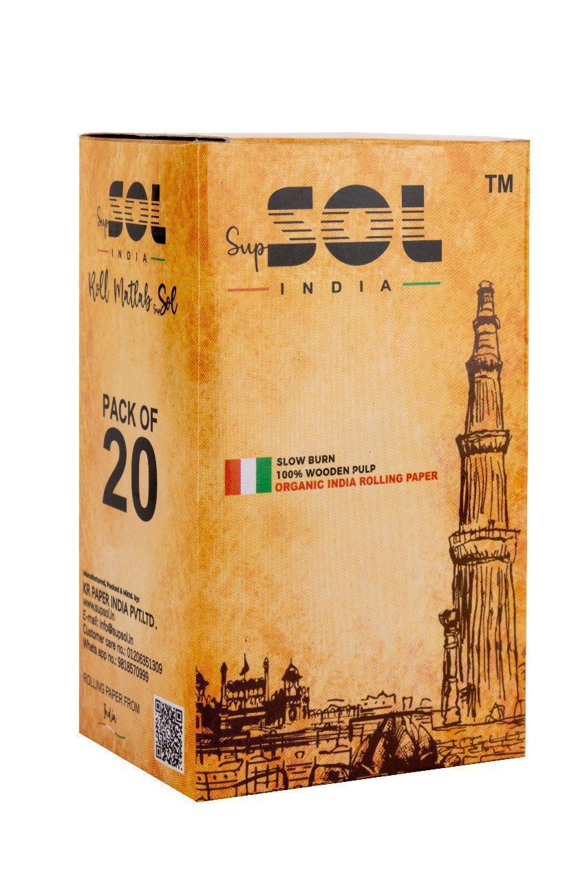 Box of Sup SOL India rolling paper with architectural design and text on a white background