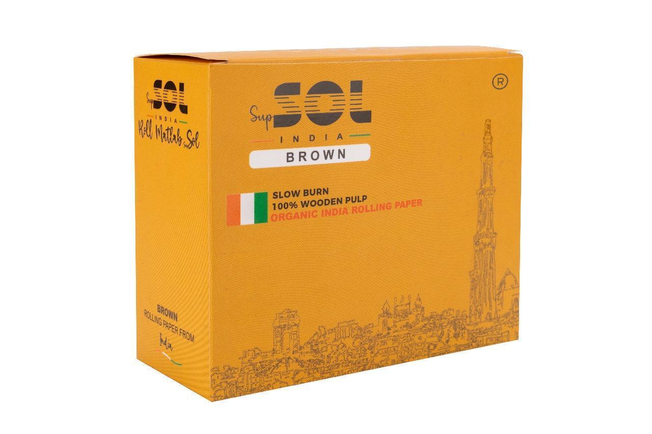 Box of SOL India Brown rolling paper with branding and product details on a white background