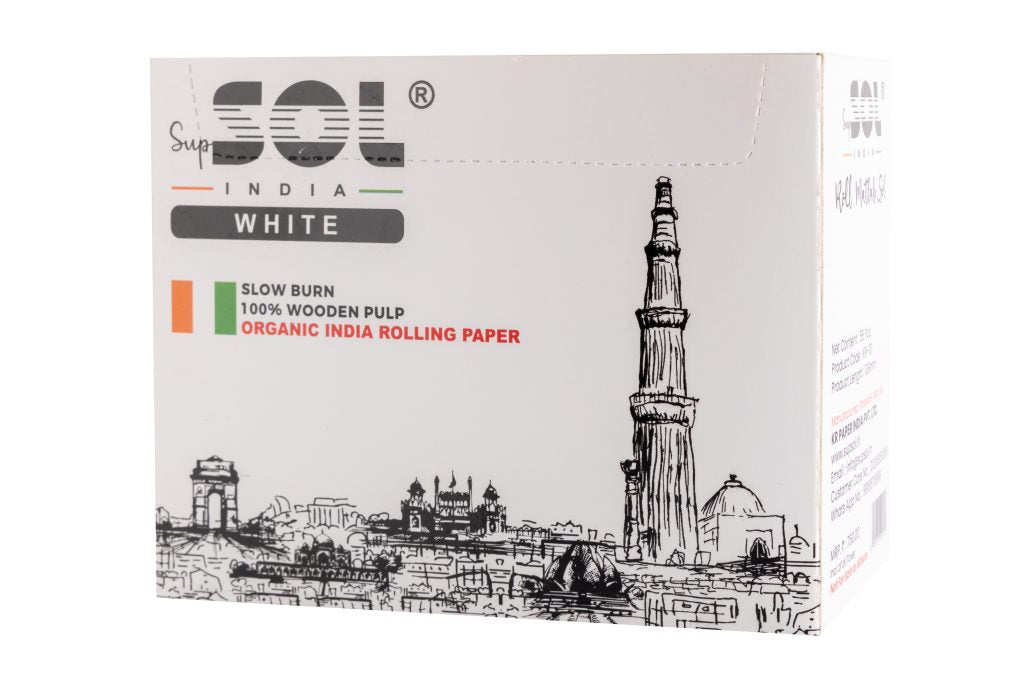 Box of SOUL India White rolling paper with architectural illustration on a white background