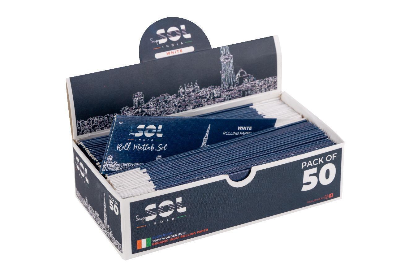 Box of SOUL rolling paper with 50 packs on a white background