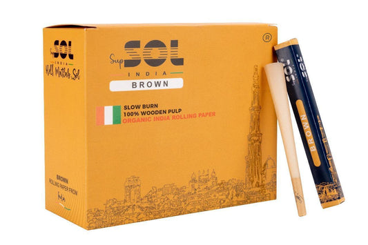 Box of SOL India rolling paper with two rolling papers on a white background