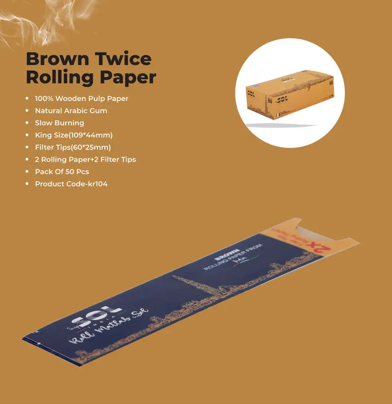 Brown Twice rolling paper packaging with product details on a brown background