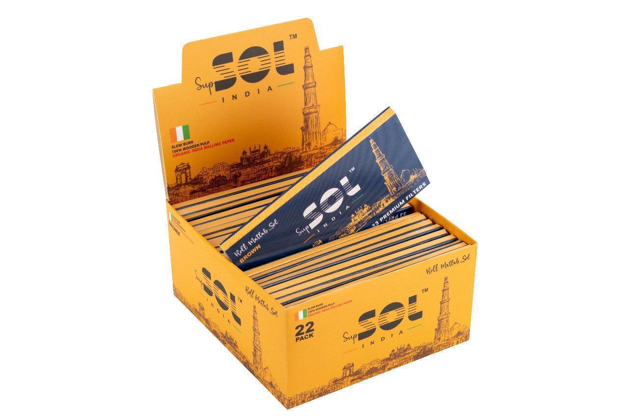 Box of SOL India rolling papers with visible branding on a white background