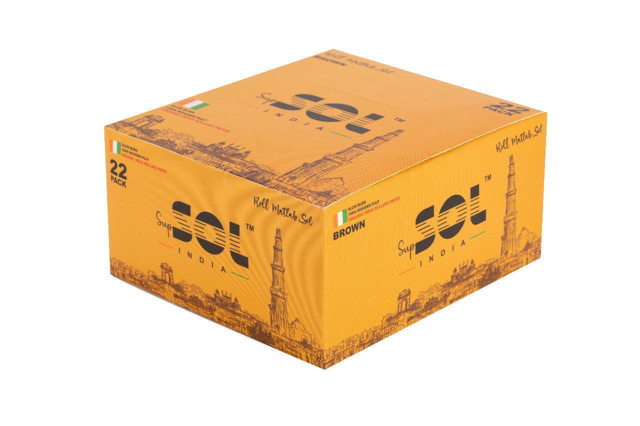 Box of SOL India paper with yellow and brown design on a white background