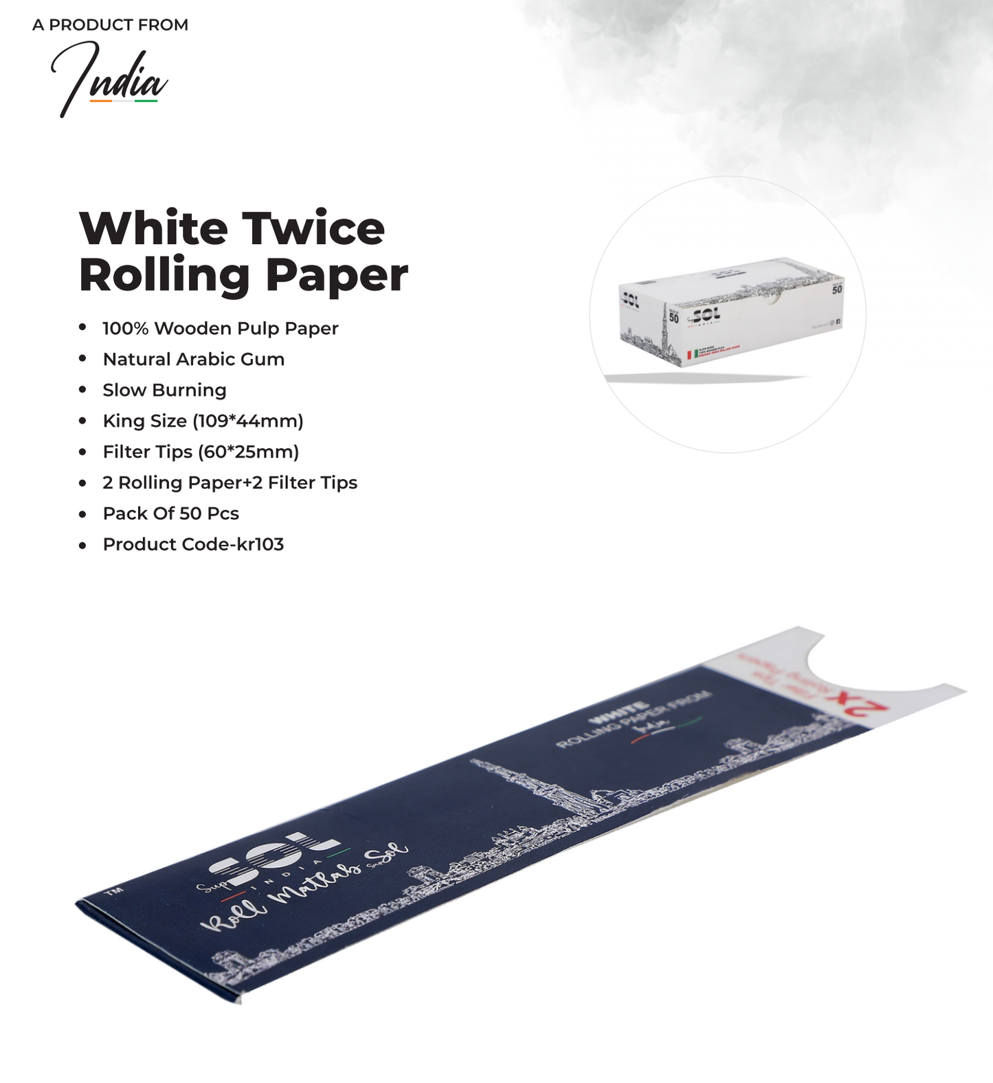 SupSOL India White Thrice 3x Rolling Paper – Pack of 50